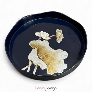 Navy blue round lacquer tray, wavy rim hand-painted with eggshell lotus 33cm